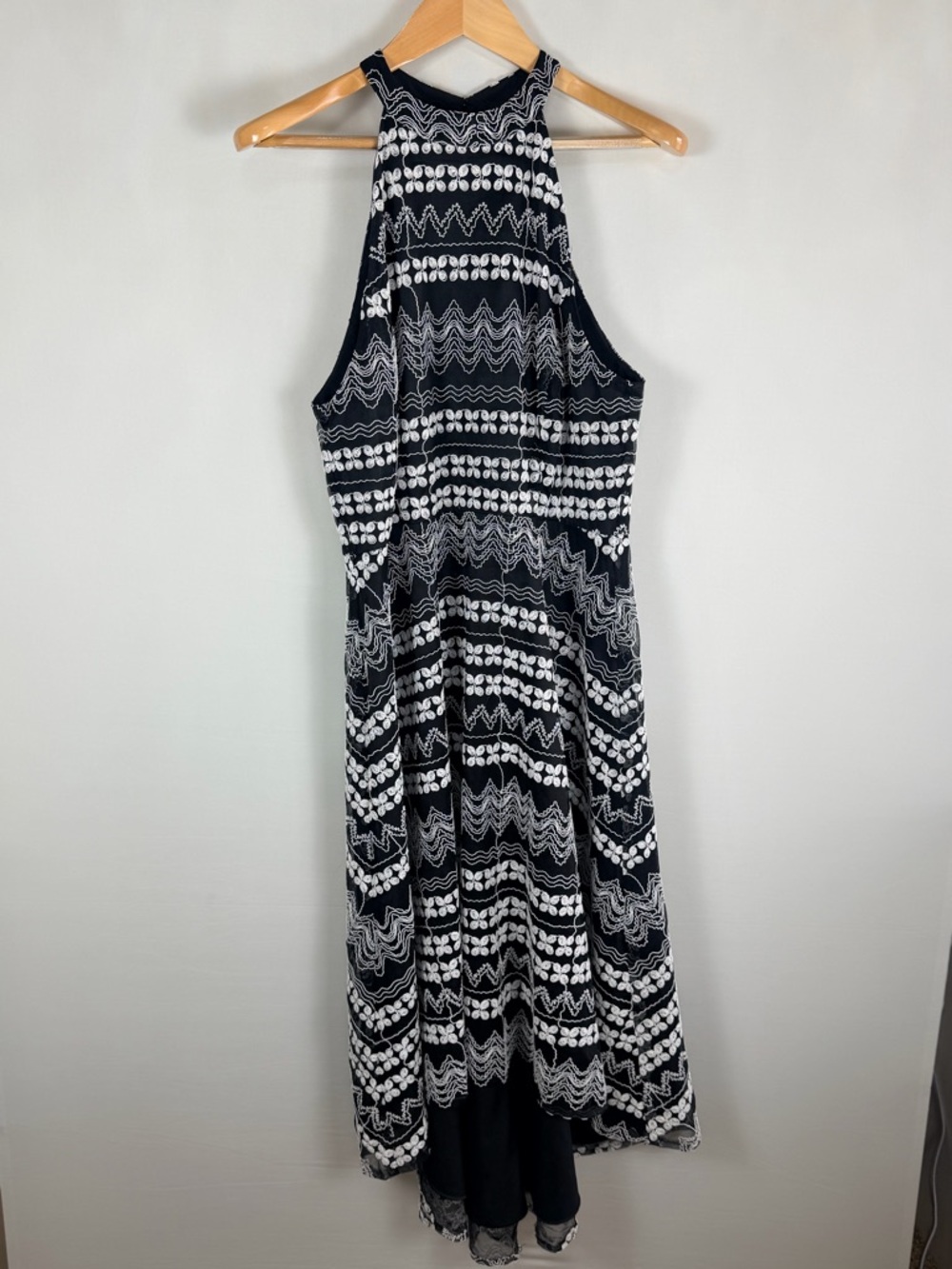 Katherine Kelly 14 Black White Embroidered Halter Midi Dress Sheer Overlay Hi-Lo
